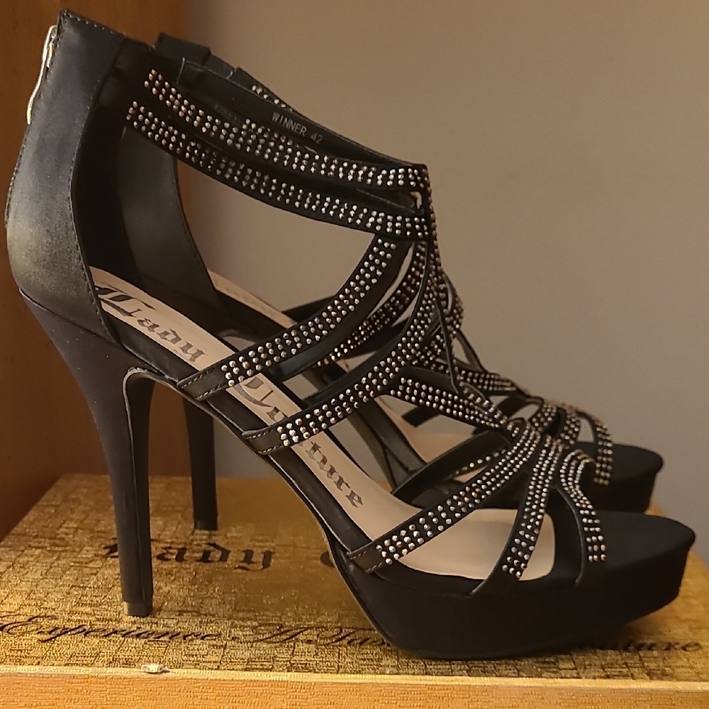 Lady Couture Black Strappy Heels with Rhinestones. Size 42. USA Size 11 M